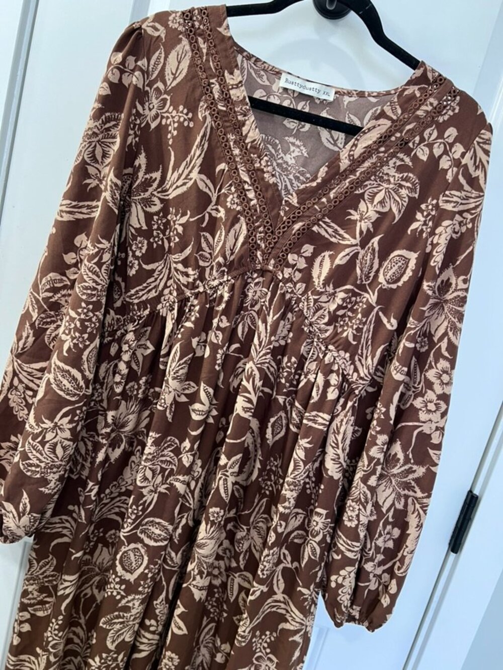 Rusttydustty Brown Floral Boho Midi Dress XXL Cottagecore Prairie Long Sleeve - Picture 4 of 6